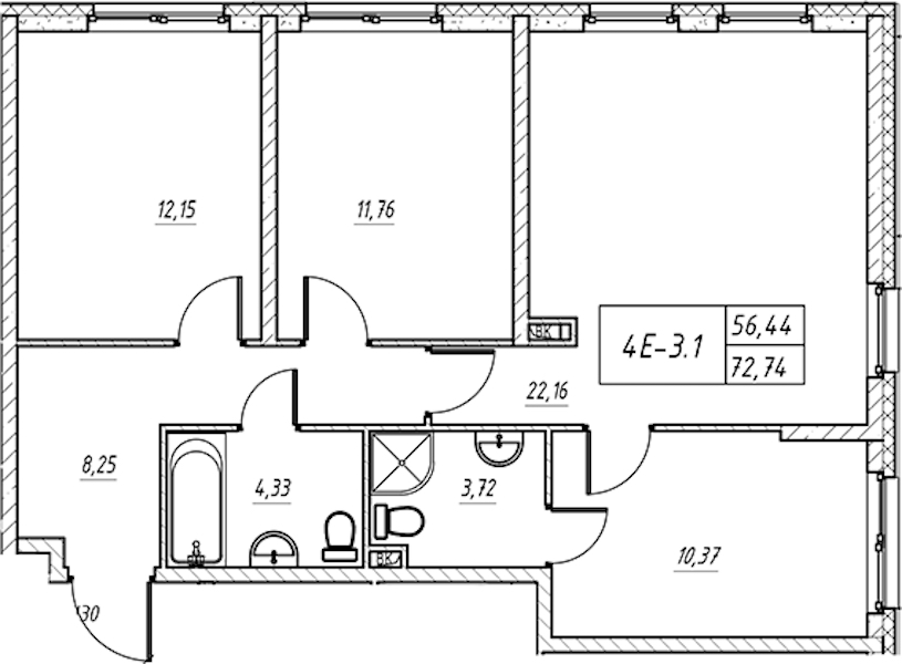 3-комнатная квартира 73.15 м², 8/14 эт., Комплекс апартаментов «Zoom на Неве»